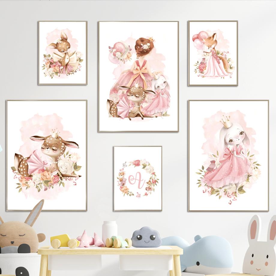 Kawaii Fawn Bunny Fox Princess Crown Wall Art Canvas Painting Posters and Prints Nordic Children's Room Decoration Pictures