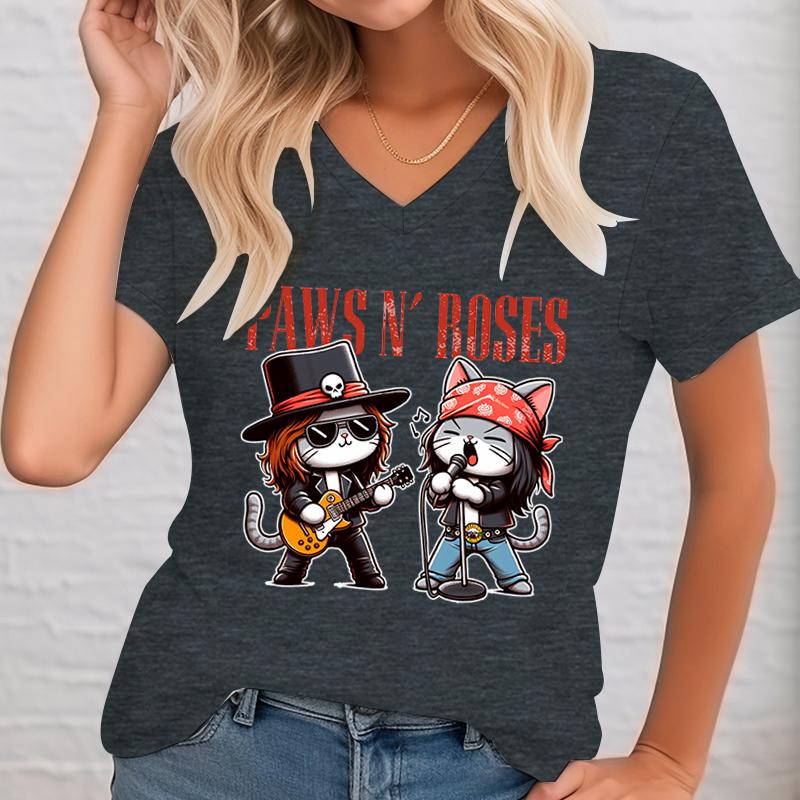 Paws Funny Cat Rock Star Trendy Cat Graphic T-shirt Women Fun Guitar Music Lover Classic Tops Gift for Rock Music Cat Lover Tops XL