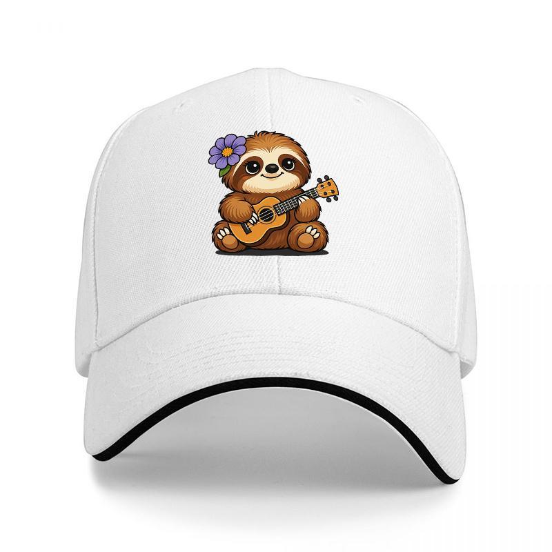 Faultier spielt Ukulele Baseballkappe mit Blumenmuster Schwarz Verstellbare Mütze für Musikliebhaber und Naturliebhaber
