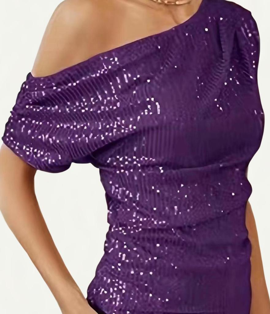 2023 Sequined Glitter Beaded Oblique Collar Short-Sleeve T-Shirt for Women - European/American Summer Style