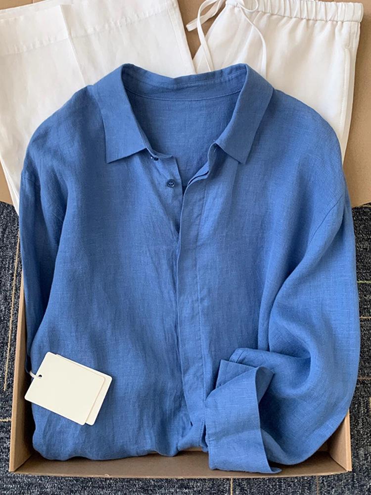 Women French Style Blue Linen Shirt Summer Thin Loose Old Money Long Sleeve Sun Protection Cotton Linen Blouse
