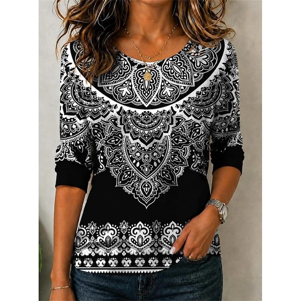 Women's Long-Sleeve T-Shirt Autumn 2026 Elegant Comfortable Crew Neck 3D Sunflower Floral Print Vintage Casual Street-Style Top