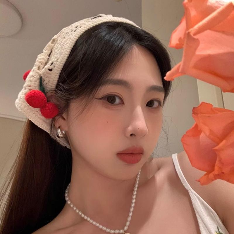 Knitted Triangle Headband Cute Little Cherry French Pastoral Style Headband Towel Crochet Flower Headscarf