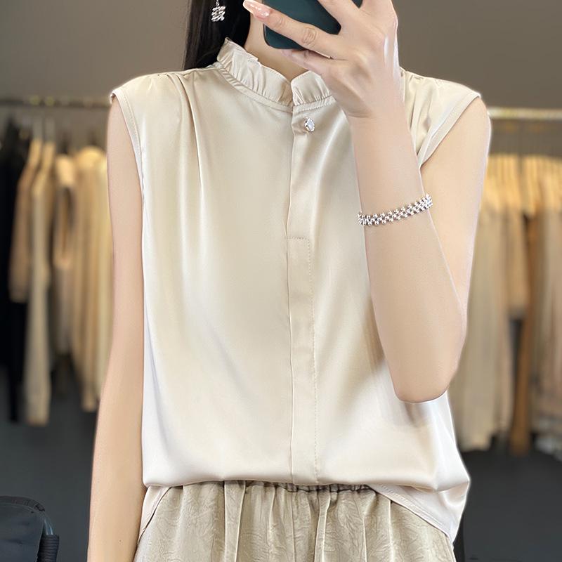 

Women s Silky Satin Layered Sleeveless Ruffle Trim Top XXL