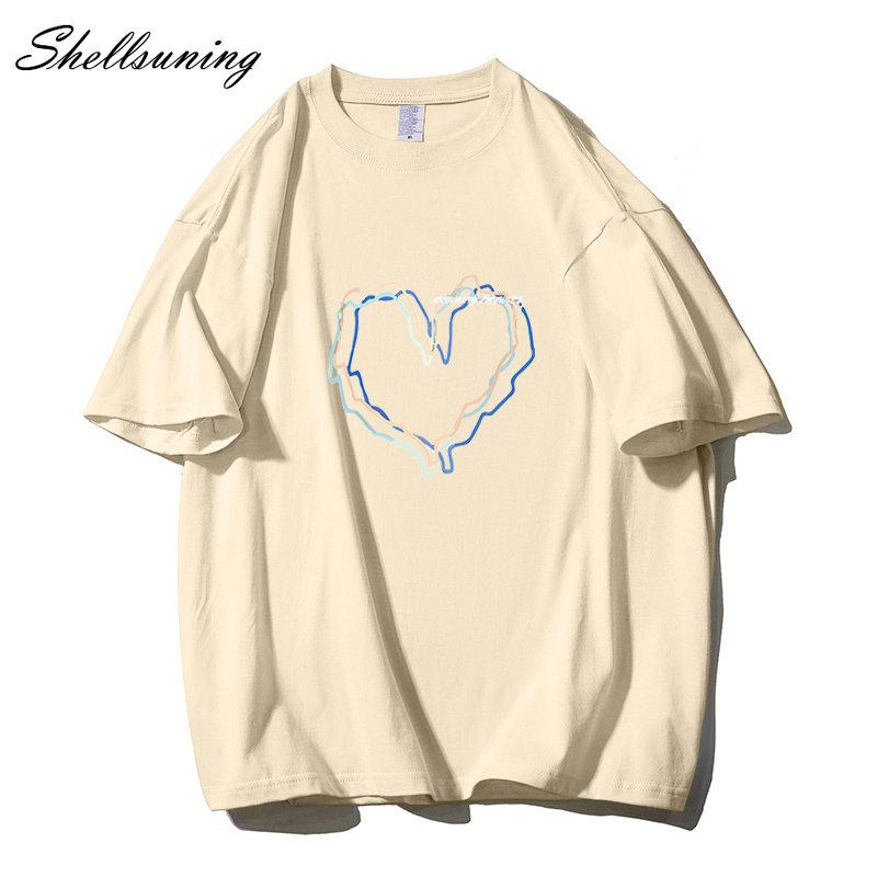 Shellsuning Loose O Neck Cotton Printed Shirts Women Summer Kawaii Heart Graphic Tees Female Casual Short Sleeve Base Black Tops