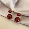 Elegant Red Faux Pearl Earrings for Women - Glossy Spherical Design with Gold Pillars, Casual Accessories, Glossy Finishes, Faux Pearl Earrings