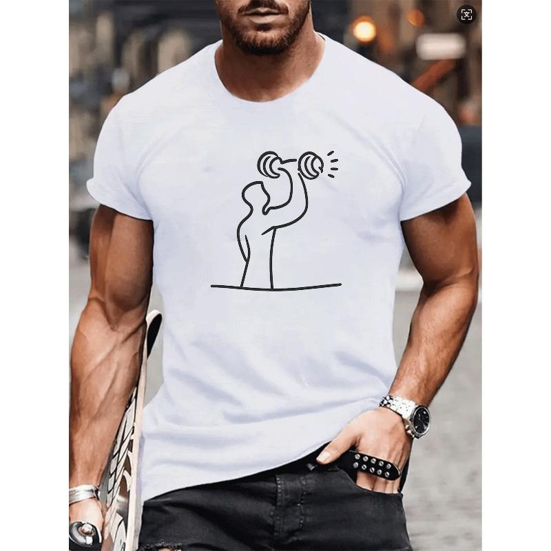 European sizes Simple Line Dumbbell Print, Men's Wear,  Casual Style, Very Versatile Men's T-shirt, Casual Short-sleeved T-shirt