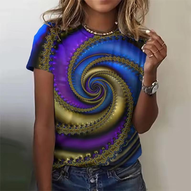 3D Printed Color Rotating Pattern T-shirts Summer Retro Loose Round Neck Short Sleeved Women's T-shirts