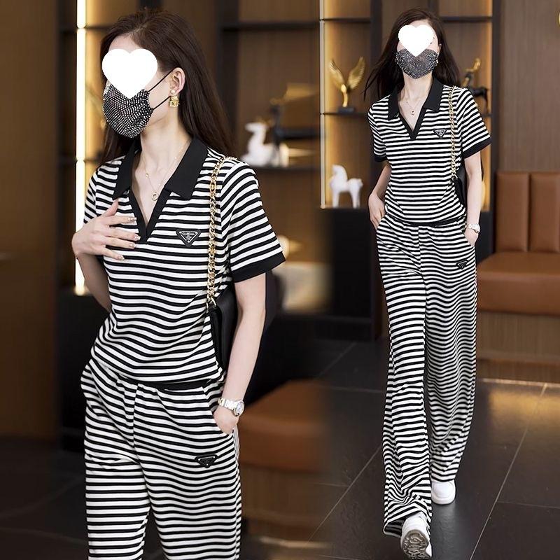 Striped Sports V-neck Splicing Suit for Women, Summer Large Size, Stylish Age-reducing Shirt, Casual Pants, Complete Set