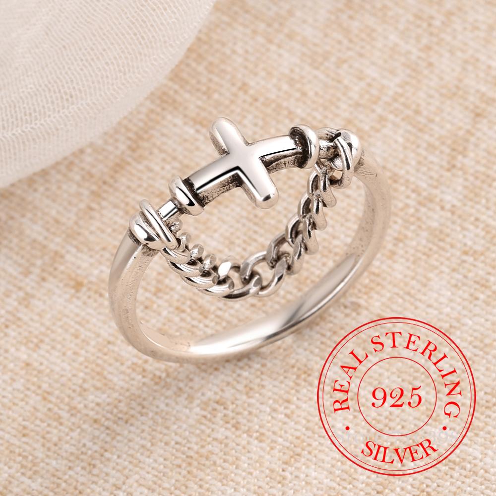 

925 Sterling Silver Cross Rings for Women Man Hip Hop Punk Style Tassel Chain Jewelry Anillos Mujer One Size
