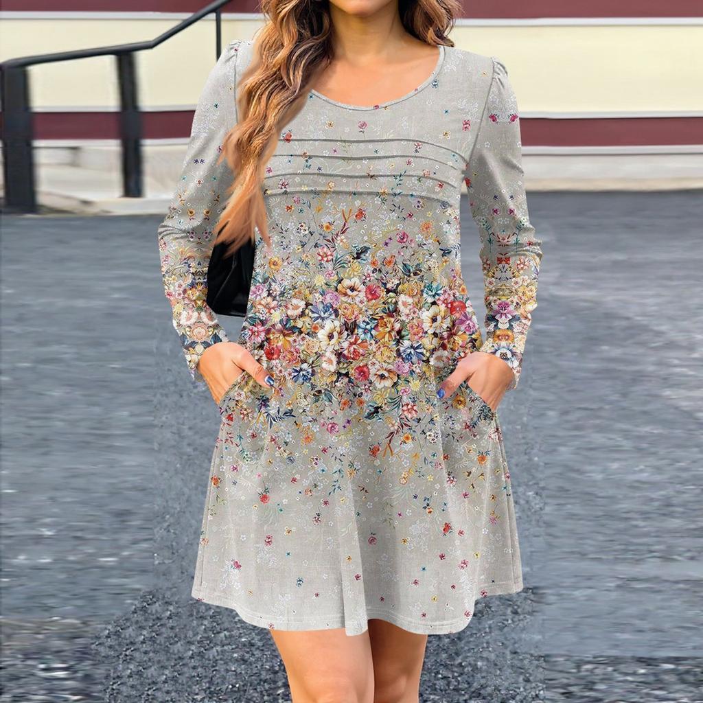 Damklänning med lång ärm Höst Casual T-shirt Lös passform Plisserad framsida Klänningar med fickor