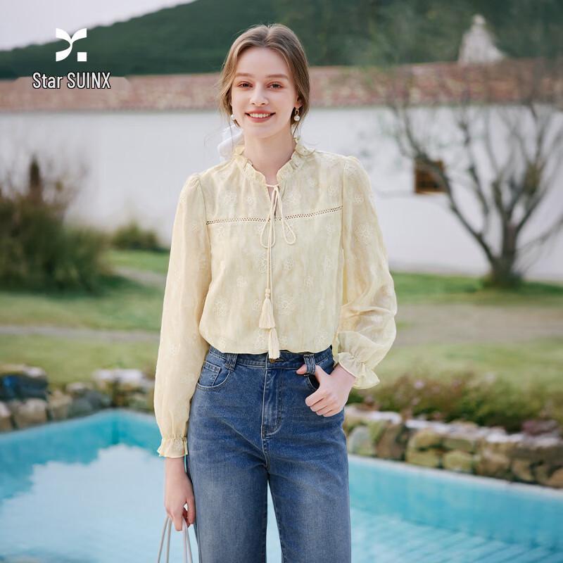 Xiangying French Embroidered Floral Ruffle-Edge Tie-Neck Blouse S