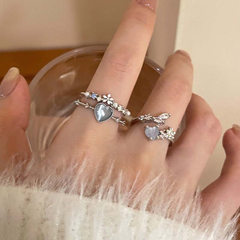 Fashion Blue Opal Heart Rings for Women Kpop Punk Gothic Open Flower Rhinestone Finger Rings Wedding Party Trendy Girls Jewelry