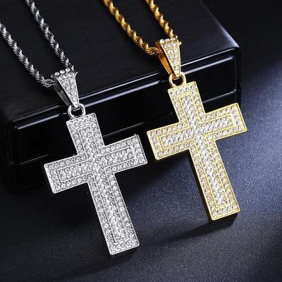 2026 Full Diamond Cross Pendant Necklace with 3.0 Titanium Steel Twisted Chain, European and American Long Style Sweater Necklace