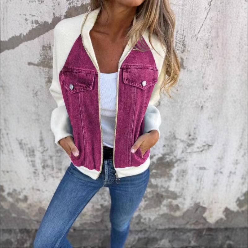 2024 Autumn/Winter Women's Denim Patchwork Raglan Sleeve Jacket - Casual Fashion