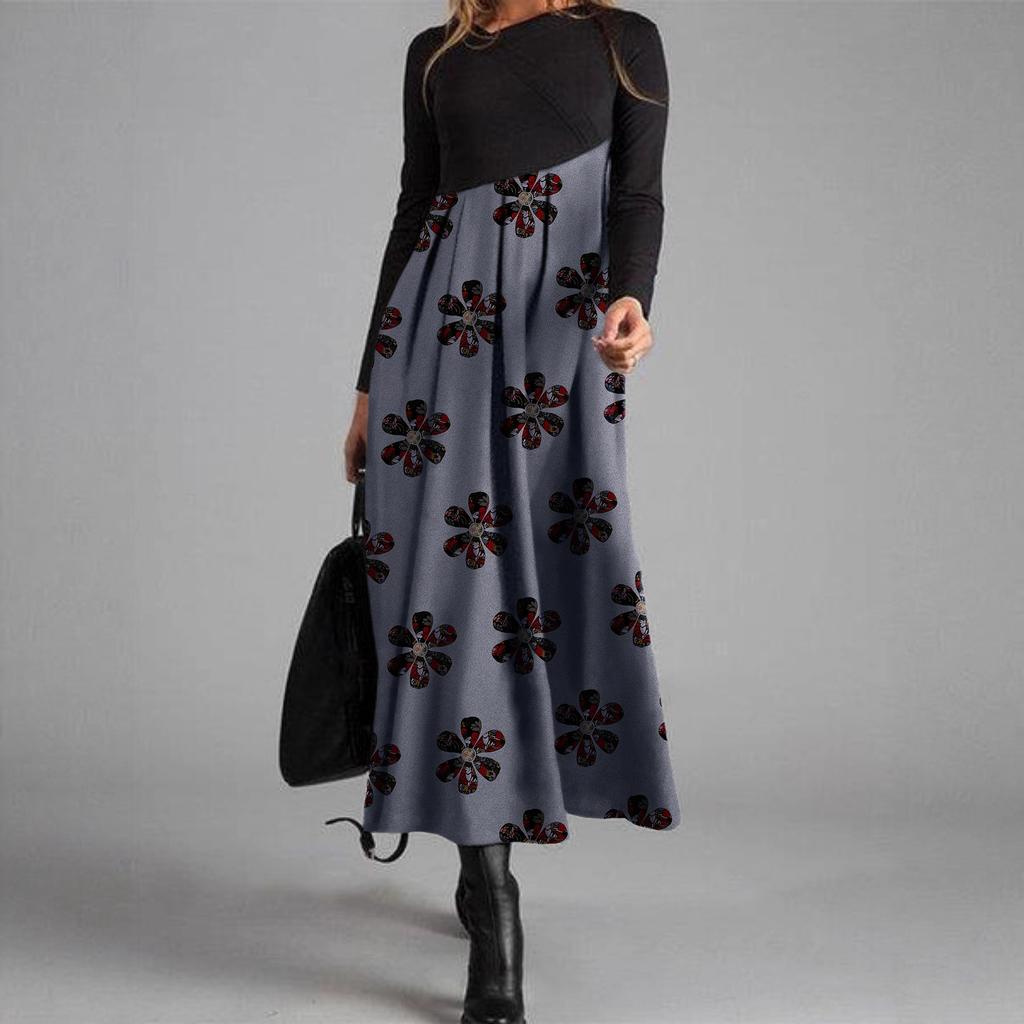 Women Color Block Floral Print Long Sleeve Maxi Dress Casual Loose A Line Long Dress S-XXXL