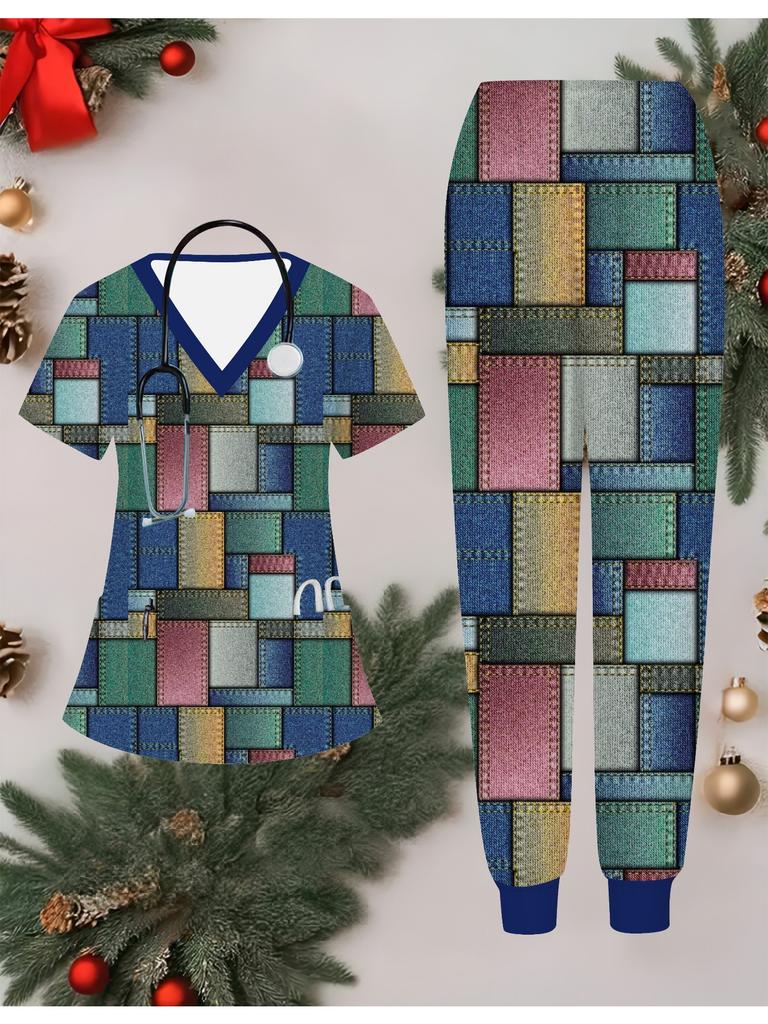 3D Leaf Printed Women's Nurse Uniform Set Short Sleeve Long Pants with Pocket Casual Fashionable Christmas Gift