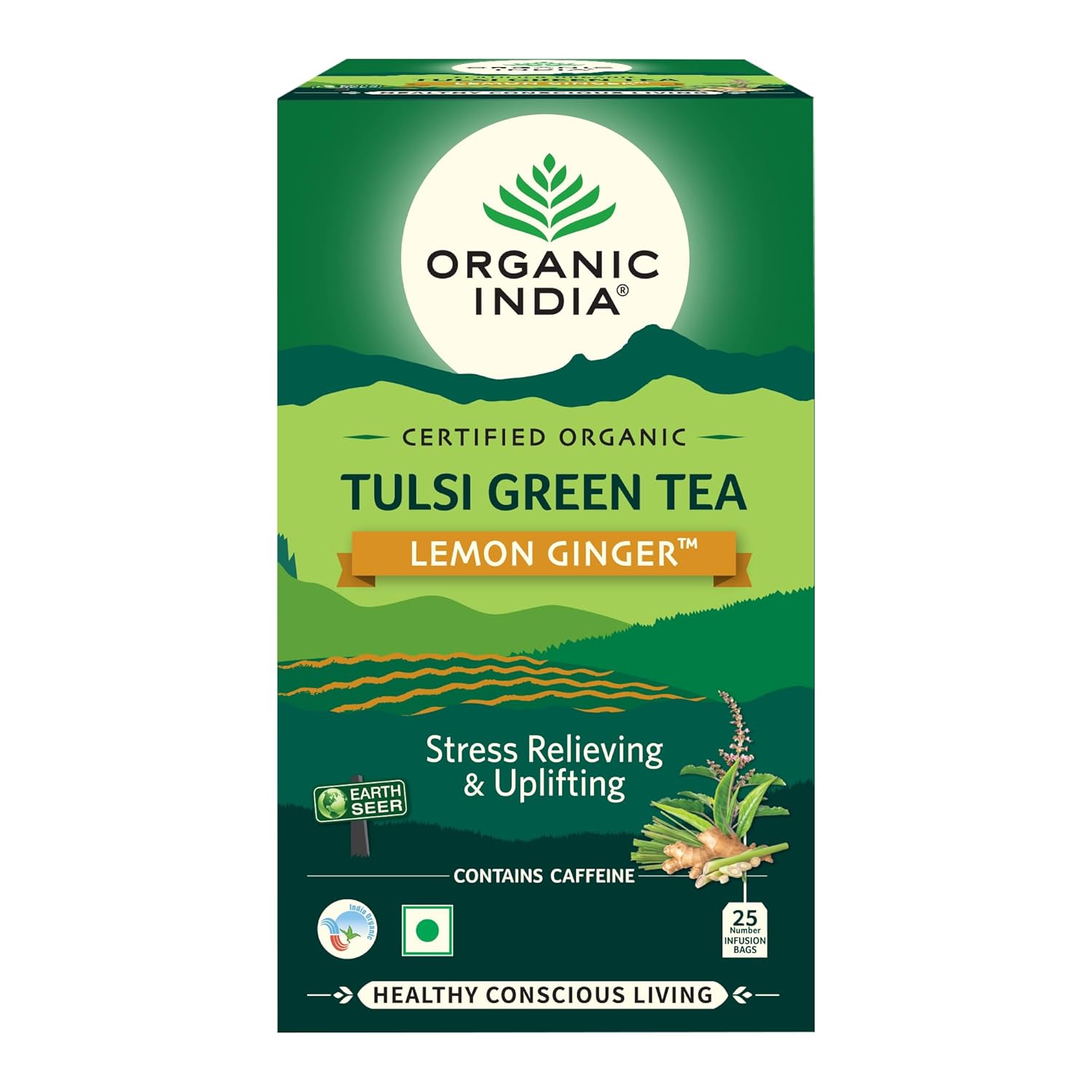 

Organic India Tulsi Green Tea Lemon Ginger 18 Tea Bags Refreshing Herbal Beverage for Relaxation