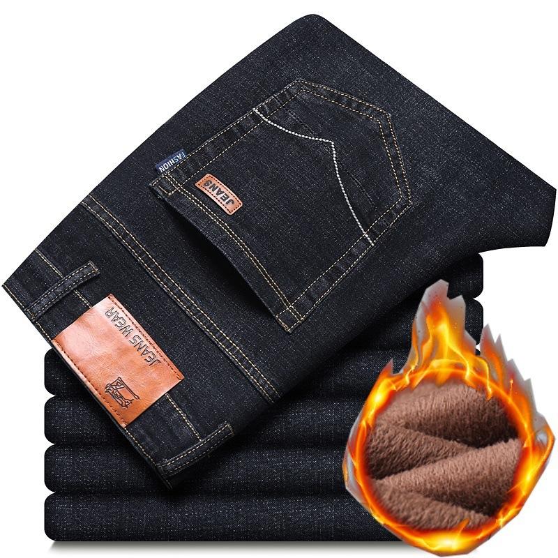 Fashion Padded Thickened Jeans Men's Autumn and Winter Models Loose Straight with Flannel Warm Men's Winter Trousers