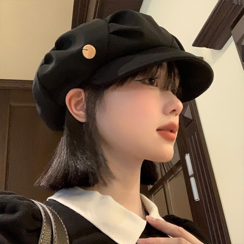 Black Pleated Beret for Women  Spring and Autumn Korean Version Versatile Face-showing Small Cloud Hat Retro Large Head Circumference Octagonal Hat