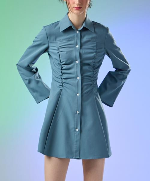 KOLEAT Shirring Glam Slim Long Sleeve Shirt Mini Dress [Blue] Skirt Ver.