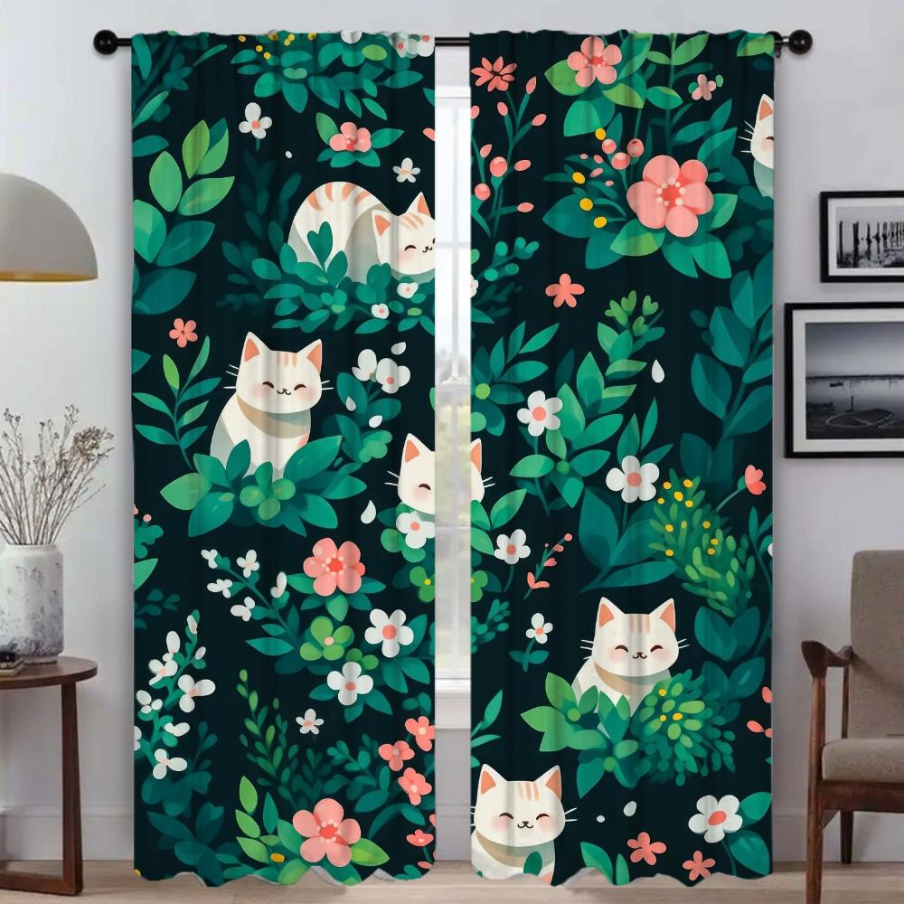 

Кошка в саду Элегантные шторы для гостиной Украшения на Хэллоуин Затемняющие шторы Тюль для спальни Ребёнок W50xH70cmx2pcs-CL