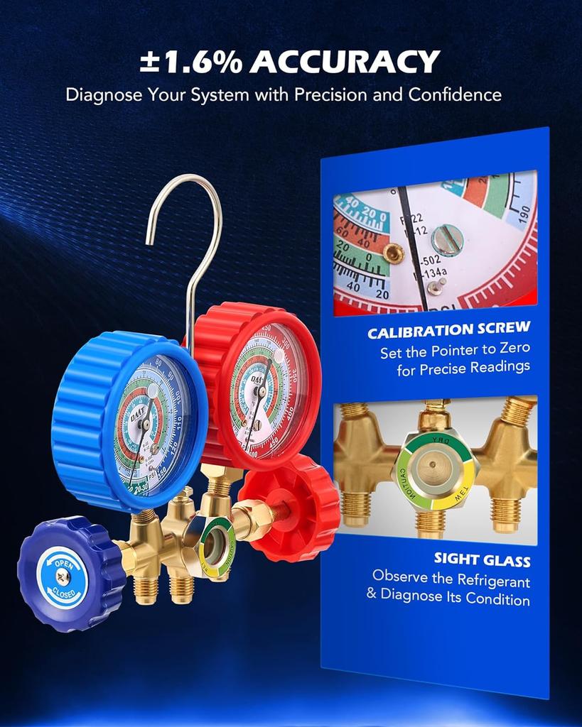 AC Manifold Gauge Set for R12 R22 R502 R134a, 3-Way Automotive HVAC Gauge with Antishock Gauges, Hoses, Couplers & Adapter, Freo