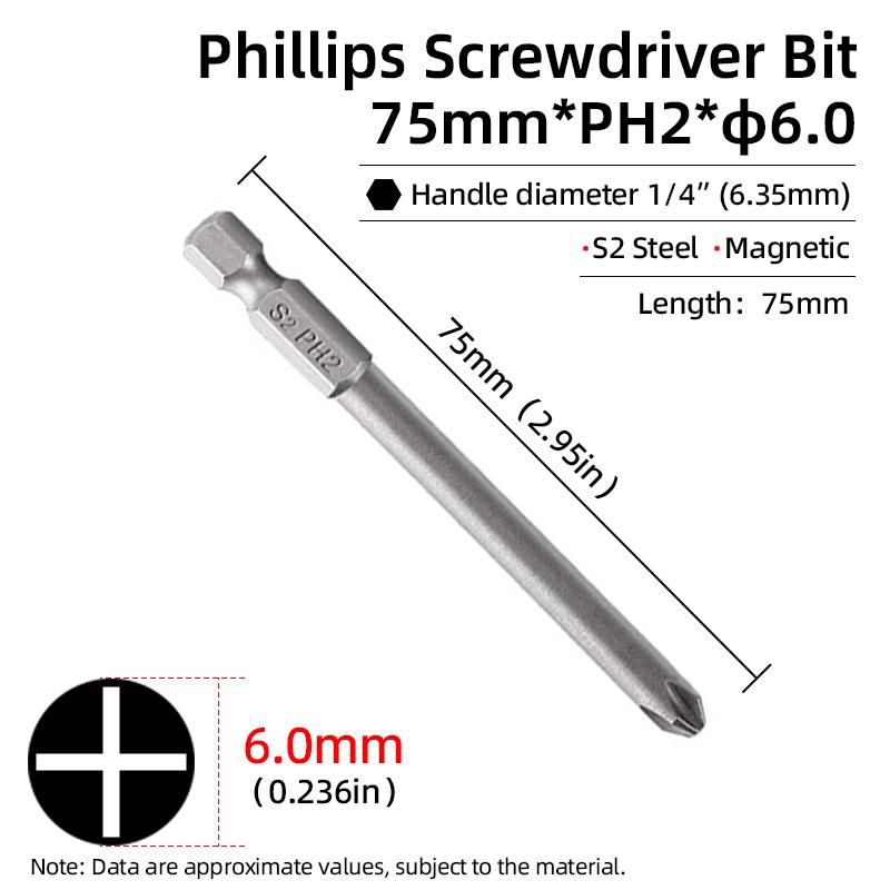1PC Phillips-Schraubendreher-Bits Kreuzkopf Magnetische Schraubendreher PH00 PH1 PH2 S2 Legierter Stahl Sechskantschaft Handwerkzeuge 50/75/100/150mm