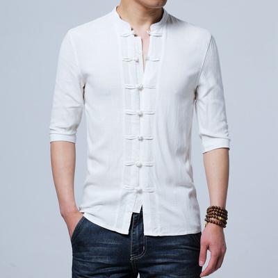 Men's Cotton Linen Shirts Male Half-Sleeve Slim Mandarin Collar Shirt Chinese Style Camisa Masculina
