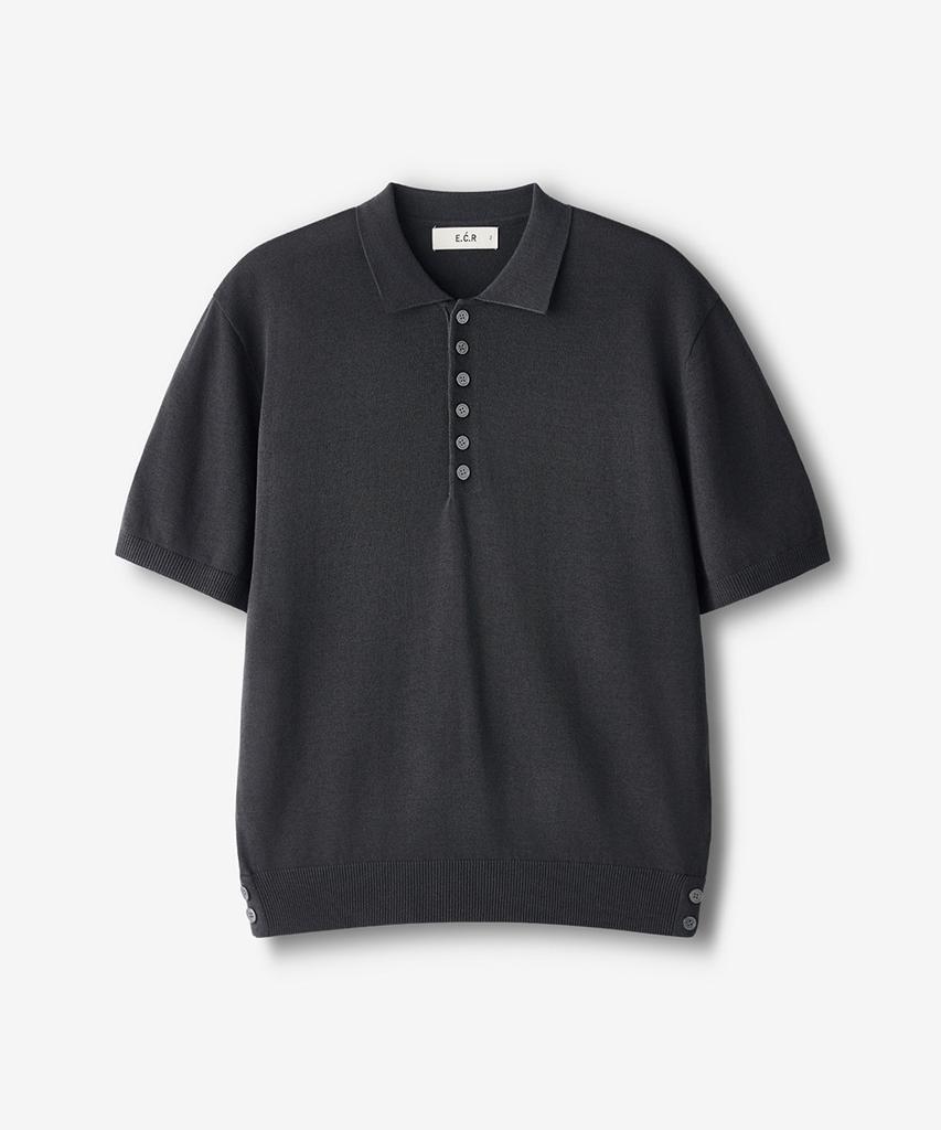 ECORR Linen Henley Neck Collar Crop Short Sleeve Knit_Charcoal