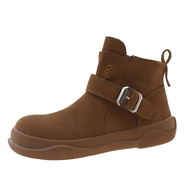 

2024 Осень и Зима Новые Ботильоны Ретро с Круглым Носком Женские Плоские Большого Размера Боковые Молнии Модные Повседневные Ботинки 39 коричневый