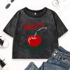Red Cherry Fruit Printing Washed T-Shirt Woman Fashion Cotton T Shirts Crewneck Clothes Soft Vintage Short Sleeve