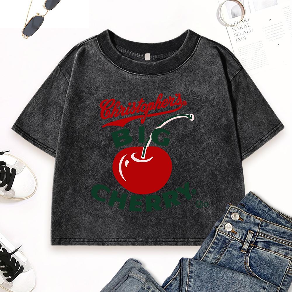 Red Cherry Fruit Printing Washed T-Shirt Woman Fashion Cotton T Shirts Crewneck Clothes Soft Vintage Short Sleeve