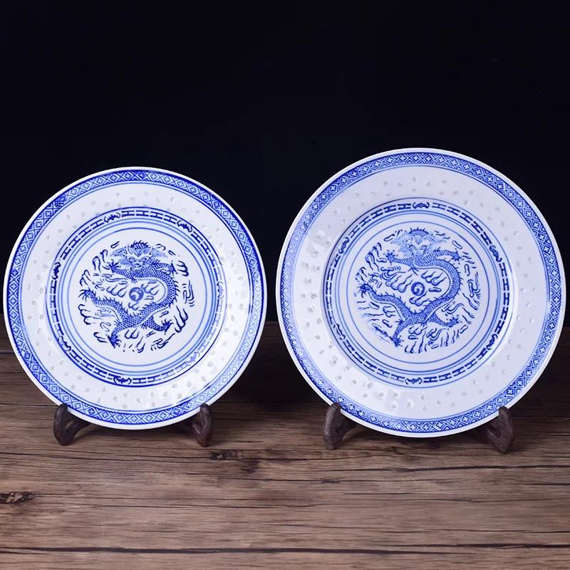 Prato raso chinês de porcelana azul e branca, pratos de jantar, cerâmica, prato de dragão antigo, utensílios de mesa, bandeja para comida