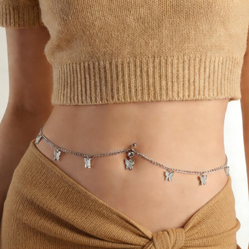 Women Butterfly Charm Waist Chain Silver Plated Belly Button Ring Adjustable Body Chain for Summer Boho Gathering