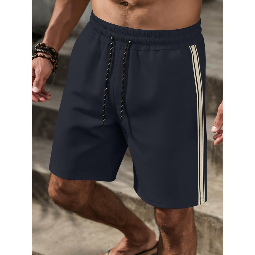 Men's Casual Waffle Knit Elastic Waist Breathable Five Inch Shorts with Side Stripe Panel and Drawstring Closure