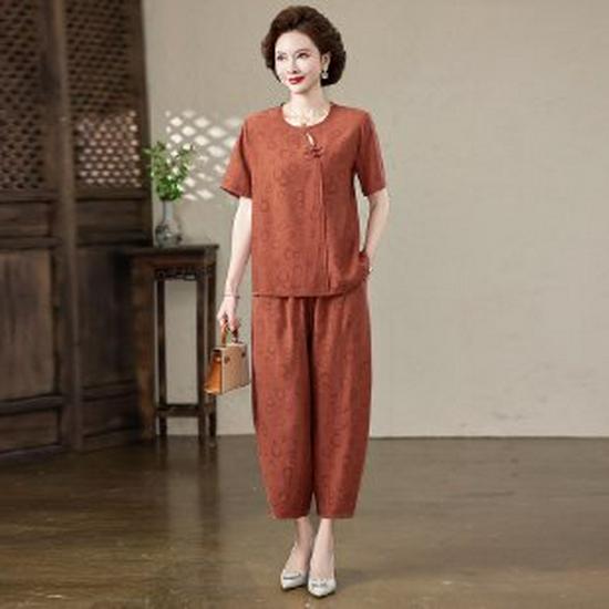 

Stylish Two-Piece Summer Cotton & Linen Set for Middle-Aged and Elderly Women – Short-Sleeve Top and Pants 2XL (105-120 jin)