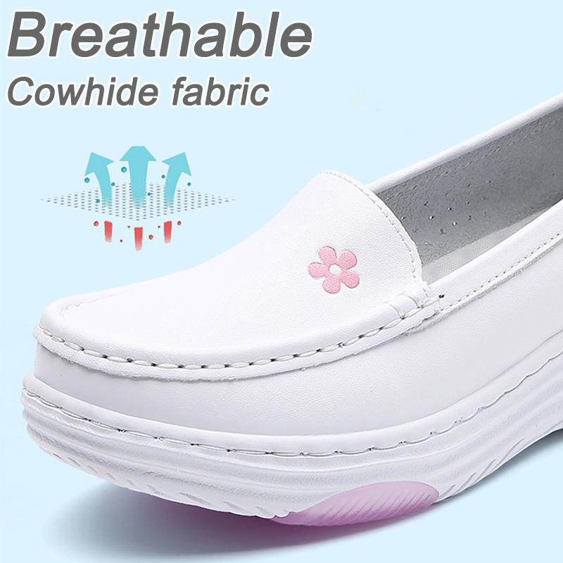 Damer Massasje Innersåle Ekte Lær Hul Pustende Sklisikker Svingesko Plattform Sykepleier Arbeidssko