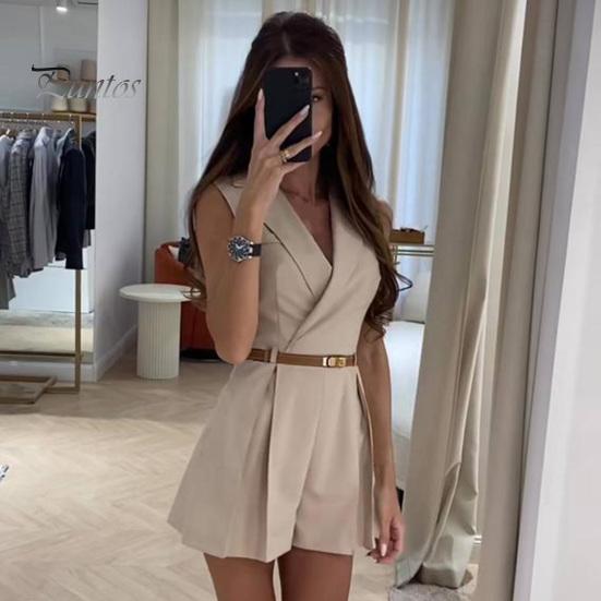 Dámský letní overal s límcem do V, jednobarevný plisovaný Slim Fit bez rukávů OL Formální styl pro dojíždění Měkký overal v délce nad kolena (Pás Ne