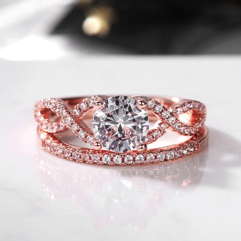 Set de inele dublu stivuibile de culoare aur trandafir nou, accesorii chic pentru femei, zirconiu complet, bijuterii de petrecere pentru femei, inele estetice 2 buc.