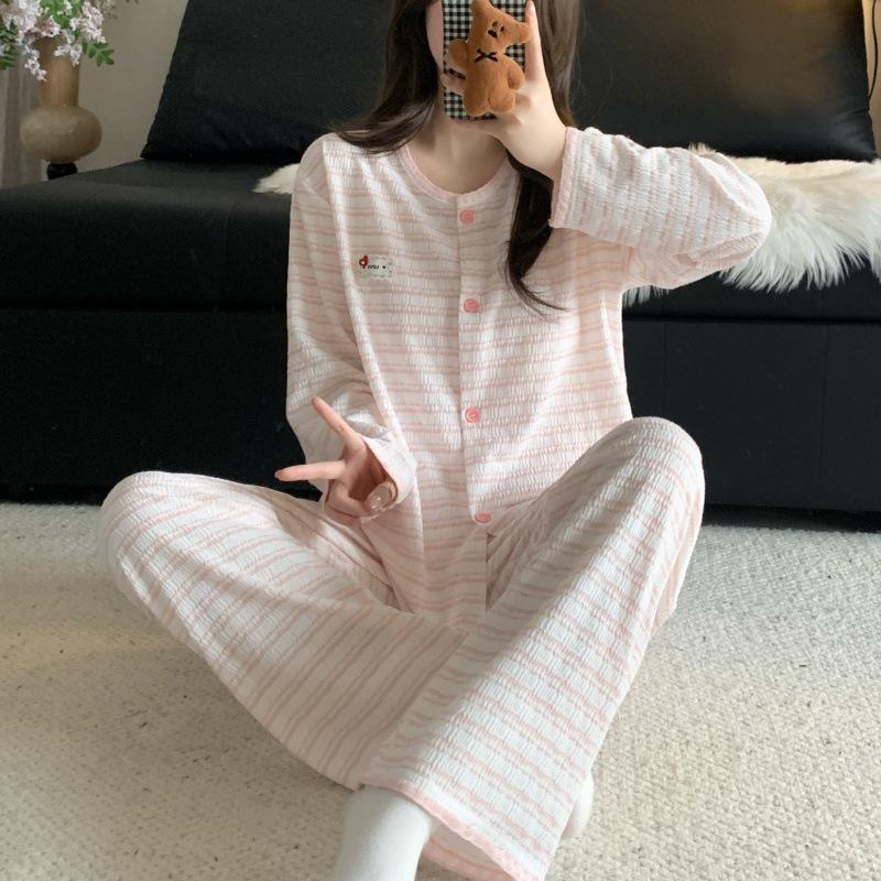 Korean Pink Striped Women's Pajama Set - Spring/Autumn 2026, Sweet Long Sleeve Cardigan Loungewear