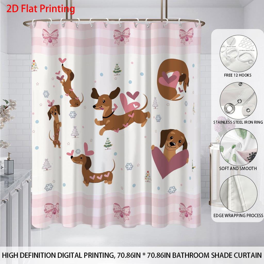 Cute Dachshund Shower Curtain Dog Lover Design With Hearts & Butterflies Soft Waterproof Bathroom Decor Cozy Gift Idea For Kids