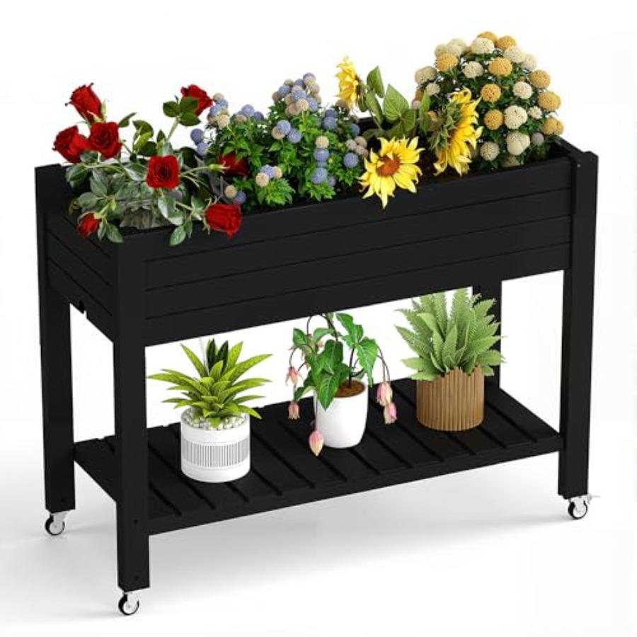 

Raised Garden Bed with Legs 33.66 Tall Self-Watering Resin Planter Box with Lockable Wheels Drainage Plug and Gauge for Vegetab United States