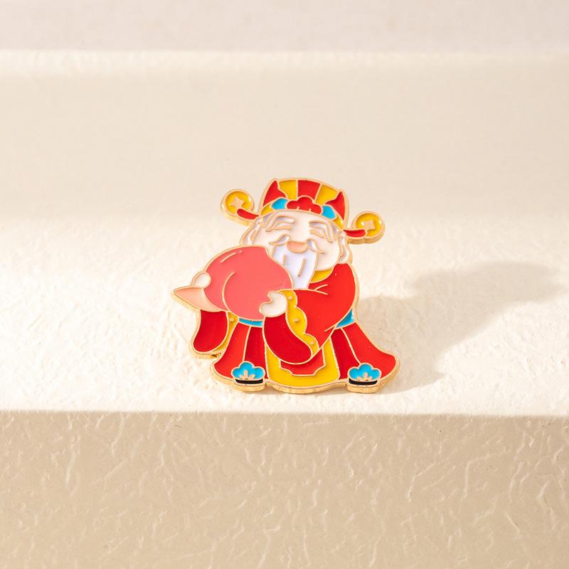 Chinese Style God Of Wealth Wufu Metal Brooch Red Festive New God Of Wealth Fu Lu Shou Good Luck Bag Decoration