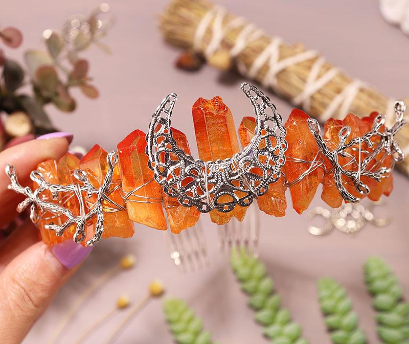 Two-Color Sunset Red Moon Crystal Hair Comb Headband with Ancient Silver Tree Branch Design