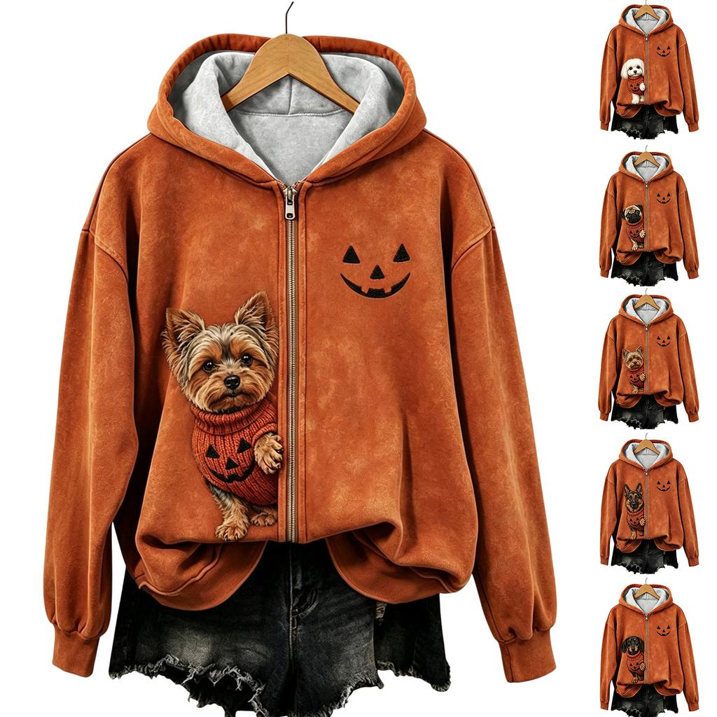 Women's Casual Halloween Printed Zip-Up Hoodie