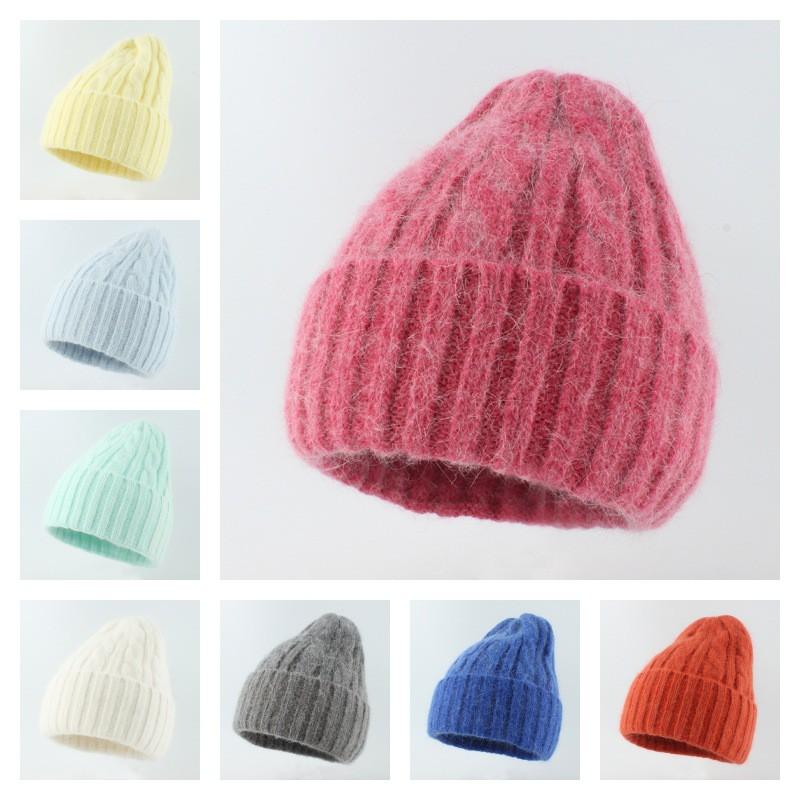 Womens Winter Angora Knit Beanie Hat With Long Rabbit Fur Trim Cable Rolled Edge Solid Color Warm Cozy