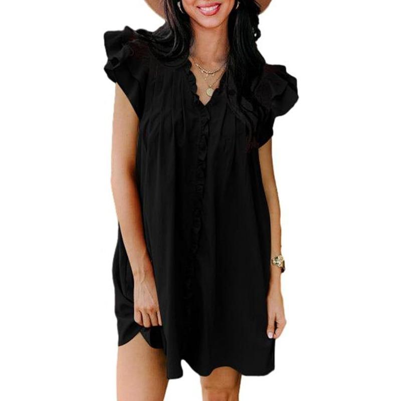 Fashion V-neck Ruffled Short-sleeved Dress Summer Solid Color Loose Shift Dress