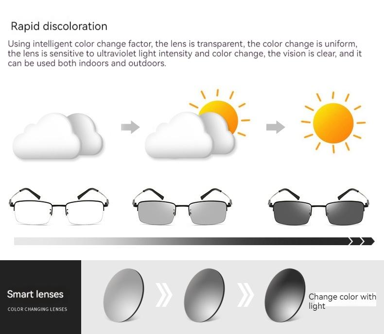 Multifocal Color Changing Presbyopia Glasses, Male Intelligent Zoom High-Definition Half Frame Presbyopia Glasses