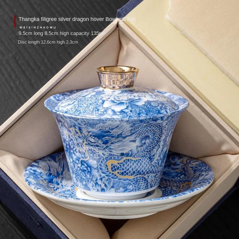 

High end household suspended rotating tea bowl, tri colored lid bowl, tea cup, single anti scald ceramic kung fu tea set 180ml